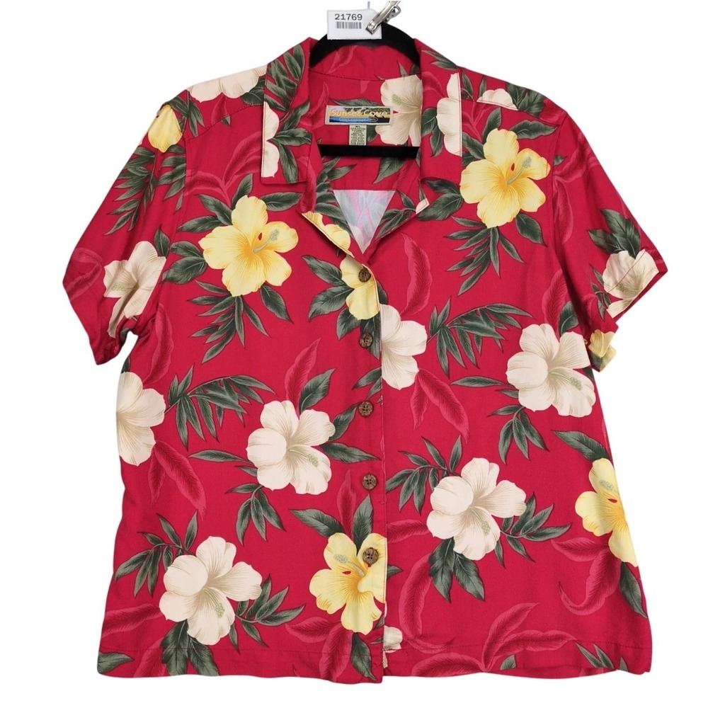 Vintage 90s Sunset Cove Red Hawaiian Shirt Womens XL Floral Rayon Made Hong Kong
